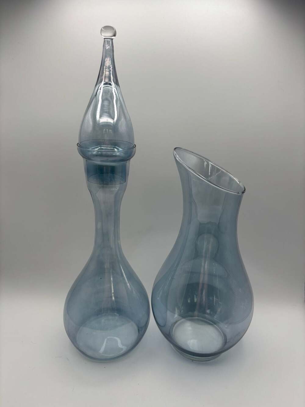 Vintage blue Decanter Art Glass Genie Bottle 60s MCM 16” Empoli Italy, Pitcher